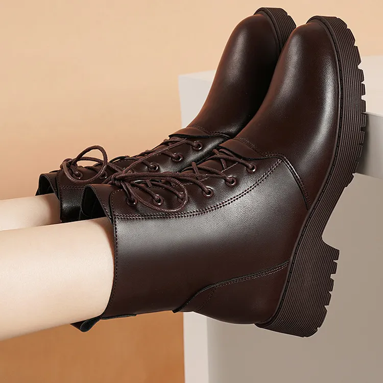 头层牛皮马丁靴女中跟2025年新款棕色短靴英伦风春秋单靴厚底女靴