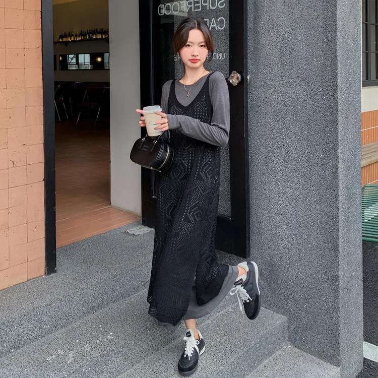 镂空罩衫连衣裙套装女初秋新款2025设计感小众休闲时尚洋气两件套