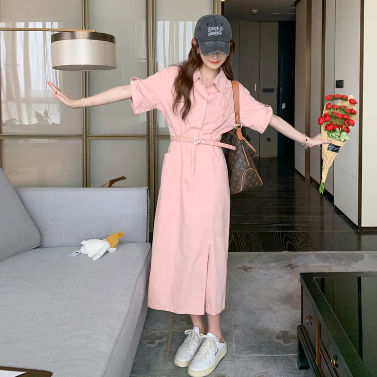 今年流行粉色收腰连衣裙女2025夏季新款韩版高级感气质显瘦中长裙