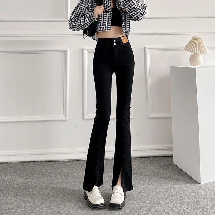 百搭开叉微喇裤女春秋微喇叭梨形身材弹力修身显瘦时尚高腰喇叭裤