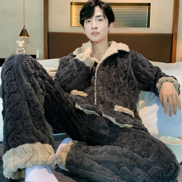 珊瑚绒睡衣男秋冬加厚加绒长袖毛绒法兰绒家居服套装外穿大码200