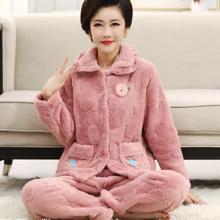 妈妈珊瑚绒睡衣女秋冬加厚加绒长袖老人法兰绒家居服毛绒套装大码