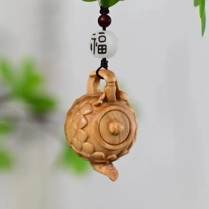 木雕刻莲花壶钥匙扣崖柏木汽车挂饰手机配饰把把壶男女随身包挂件