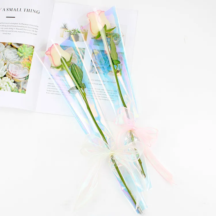 纯色幻彩单支袋玫瑰花包装袋防水康乃馨单支花束包装材料花店资材