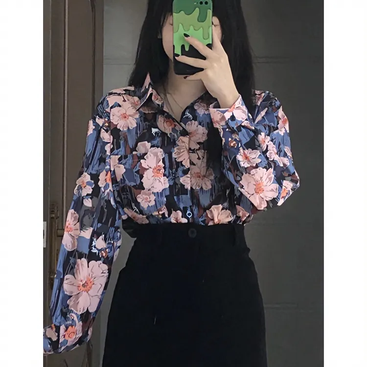 港风复古花衬衫女春夏新款韩版宽松慵懒风小众休闲款长袖衬衣外套