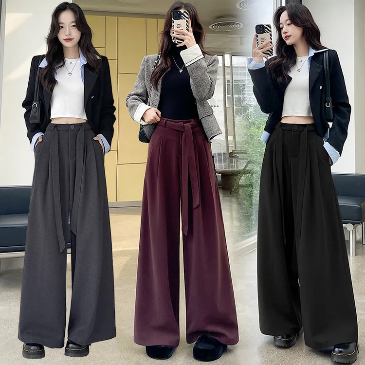 实拍毛呢绑带阔腿裤女2024秋冬高腰垂感西装休闲直筒显瘦拖地裤