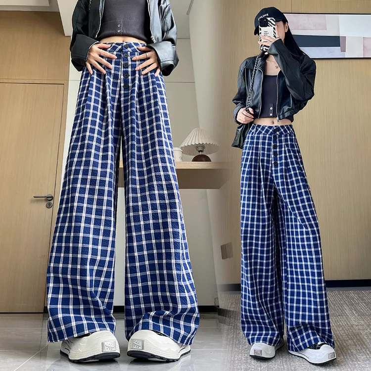 时尚格子裤直筒休闲裤女2025春夏高腰宽松显瘦阔腿慵懒风拖地长裤