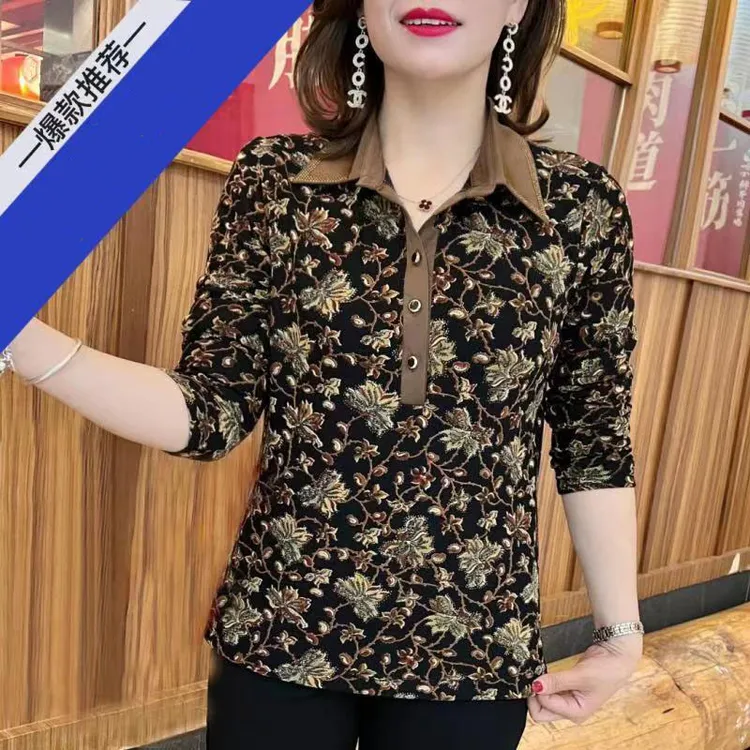 大码中老年妈妈打底衫2025春秋新款时尚洋气减龄POLO领长袖上衣女