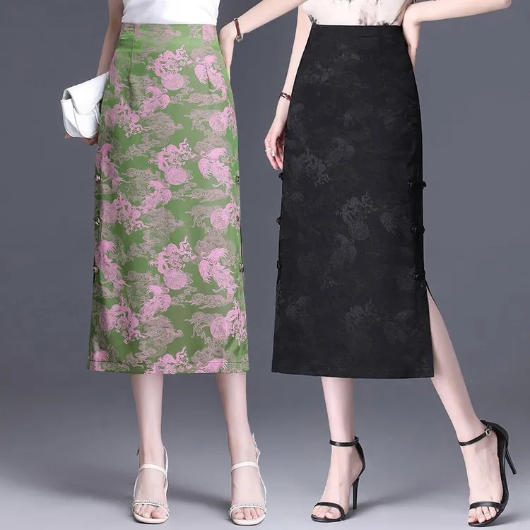 新中式国风缎面提花半身裙女夏季薄2025新款中长开叉直筒一步裙子