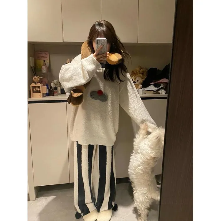 【酷猫条纹】针织睡衣秋冬款女加厚半边绒长袖条纹长裤家居服套装