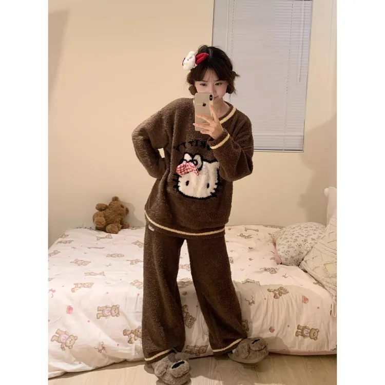 【可爱kitty猫】圆领卡通半边绒睡衣女冬季新款毛绒针织家居服套装