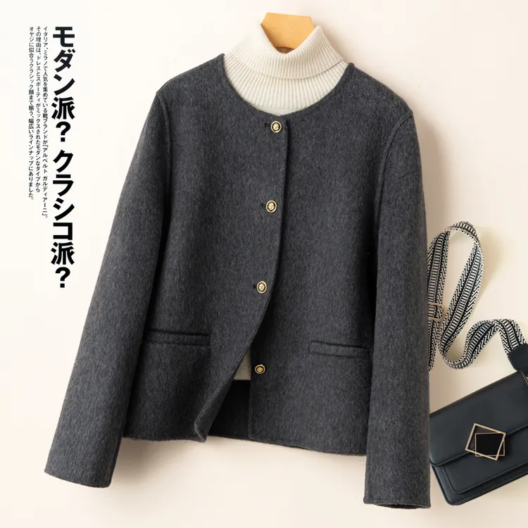 2025秋季新款韩系米色双面大衣小香风短款小个子毛呢毛呢外套女