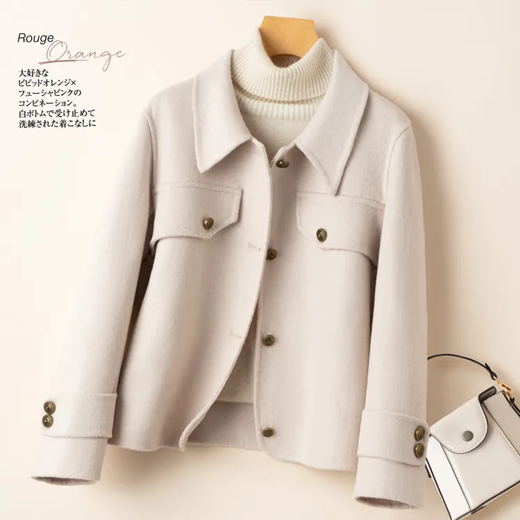 2025新款小香风双面毛呢大衣女秋冬小个子女士短款时尚外套厚翻领