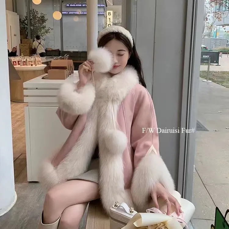 2023秋冬季爆款高端百搭毛毛球狐狸毛女装麂皮绒皮草外套韩版
