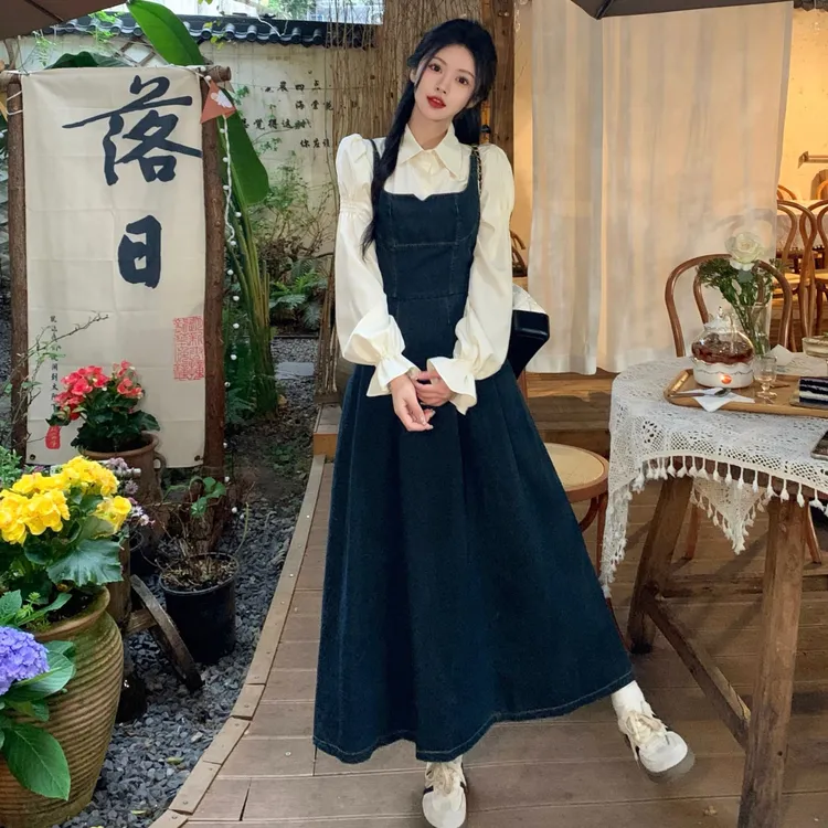 大码女装2025秋季新款衬衫+牛仔吊带裙套装胖mm收腰显瘦两件套