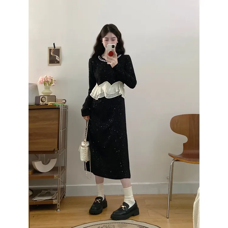 大码女装新款法式拼接镶钻收腰显瘦假两件小香风长袖连衣裙