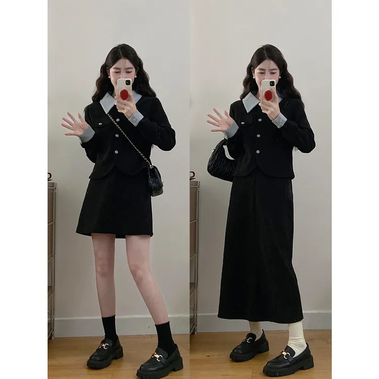 2024秋装新款胖mm大码女气质减龄拼接假两件外套长短裙套装