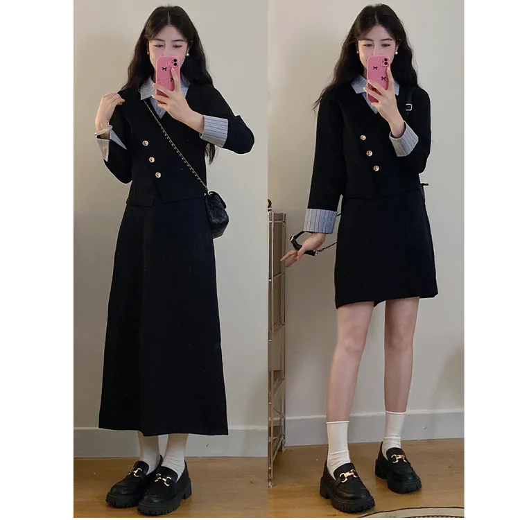 早春新款大码女装气质拼色西装外套+显瘦半身裙两件套套装