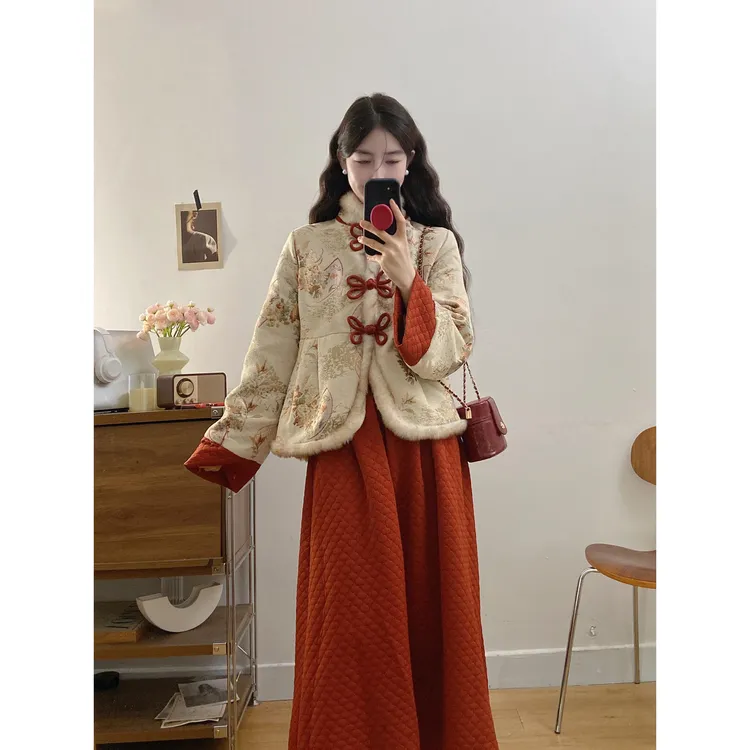 大码女装秋冬新款年味新中式国风加厚棉服外套+半身裙两件套
