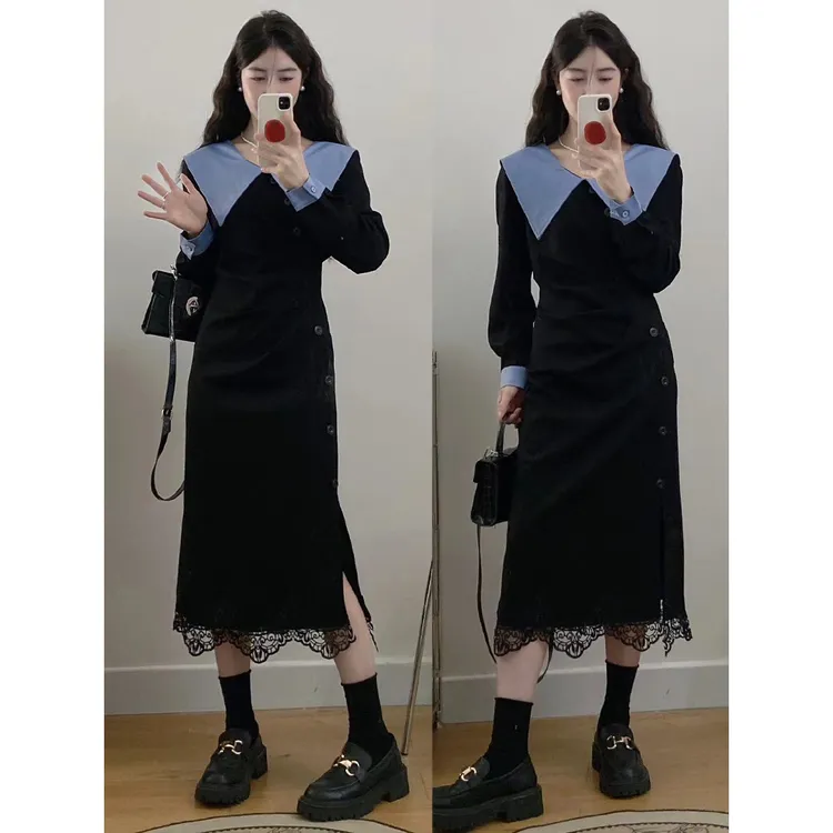 大码女装胖mm气质拼接蕾丝显瘦收腰遮肉显瘦连衣裙