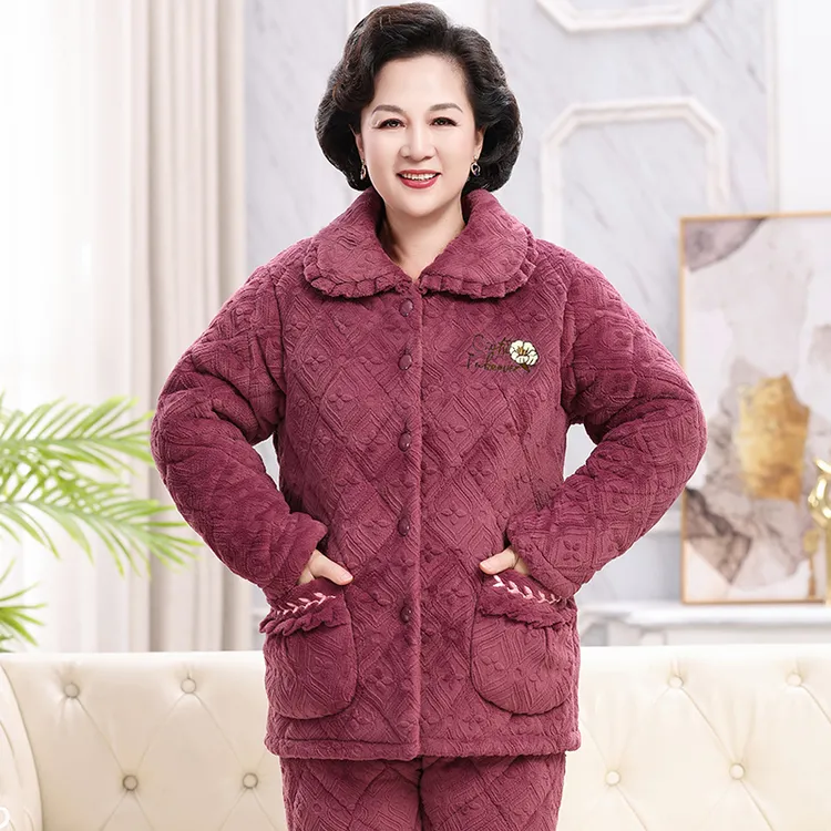冬季中老年睡衣女珊瑚绒三层夹棉加厚加绒奶奶套装老人保暖家居服