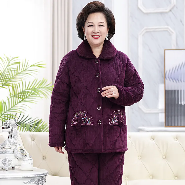 妈妈睡衣女冬季珊瑚绒夹棉加厚加绒法兰绒套装中老年人保暖家居服