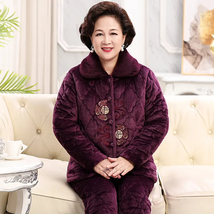 中老年睡衣女冬季珊瑚绒三层夹棉加厚加绒妈妈套装老人保暖家居服