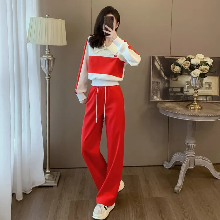 欧货红色休闲运动套装女秋冬网红炸街洋气翻领卫衣阔腿裤两件套潮