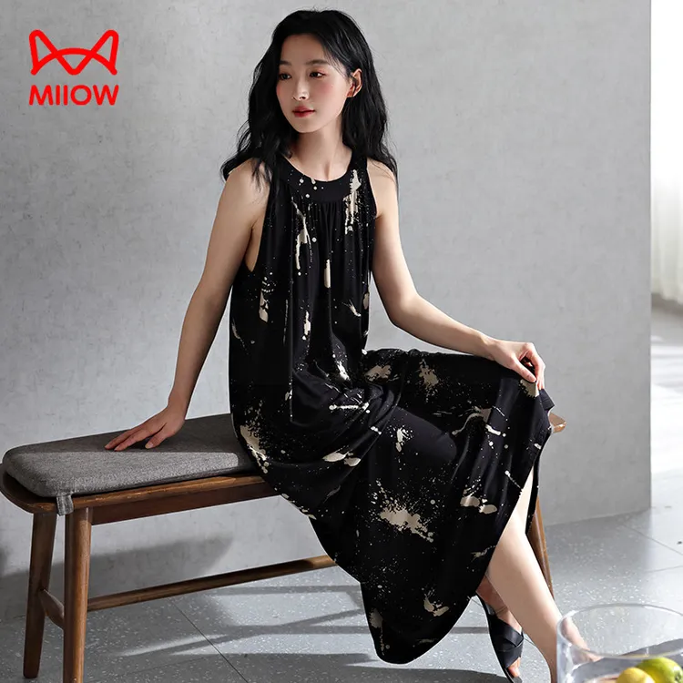 猫人经典睡裙黑色中长款无袖大码吊带夏季女薄款居家可外穿连衣裙