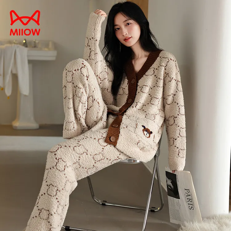 猫人女士睡衣2025新款秋冬款半边绒加绒加厚保暖可家居可外穿套装