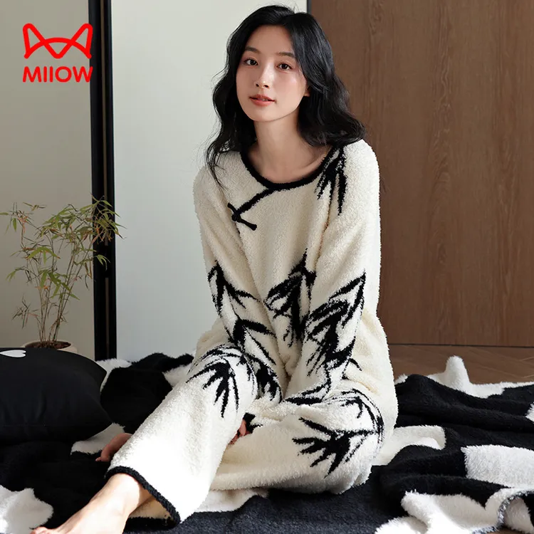 猫人睡衣女秋冬季2025新款半边绒加绒加厚可居家可外穿家居服套装