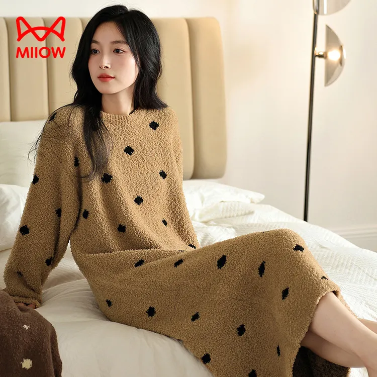 猫人秋冬季新款睡衣女保暖半边绒连衣裙套头圆领长袖珊瑚绒家居服