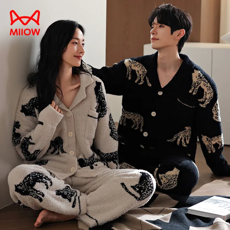 猫人半边绒睡衣情侣装男士秋冬天开衫翻领半边绒家居服女士套装