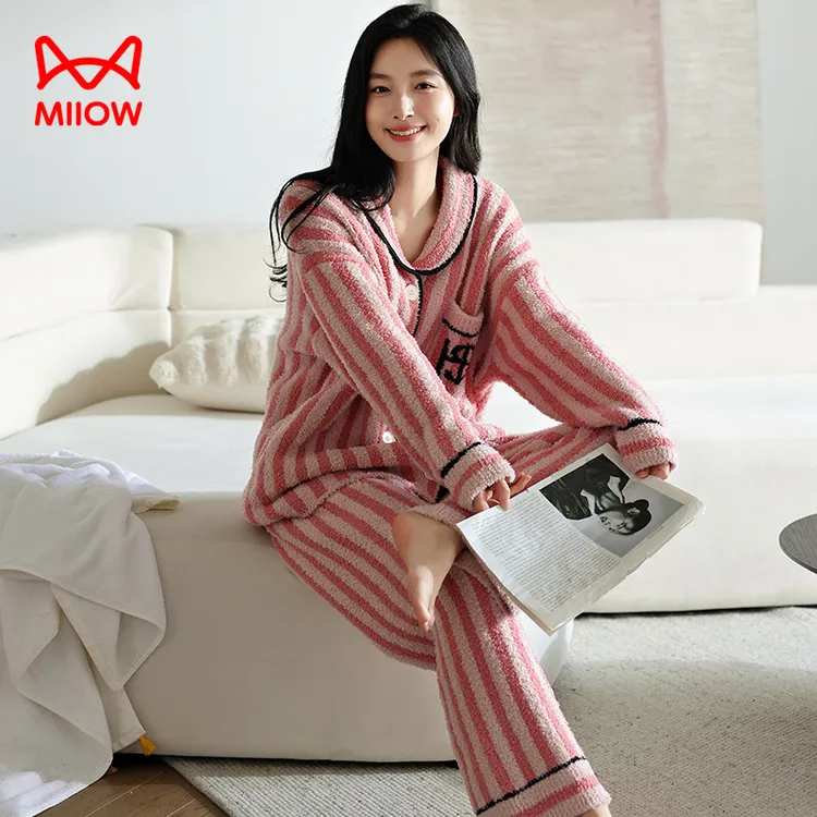 猫人睡衣女秋冬季2025新款半边绒加绒加厚可居家可外穿家居服套装