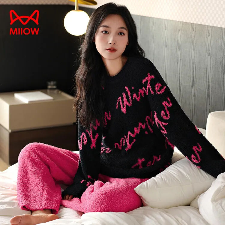 猫人女士睡衣2025新款秋冬款半边绒加绒加厚女款可外穿家居服套装