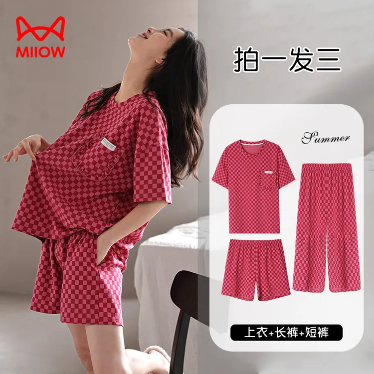 猫人经典睡衣套装女生夏季短袖短裤长裤格子家居服三件套