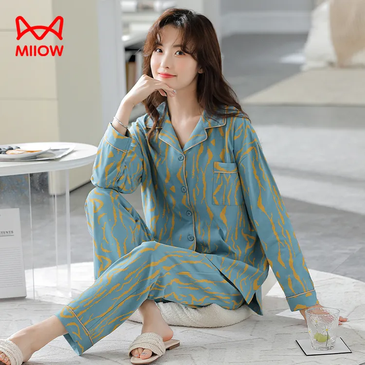 猫人经典纯棉睡衣女春秋长袖开衫大码秋冬天高颜值家居服宽松条纹