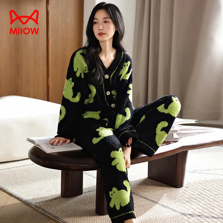 猫人2025新款半边绒睡衣女士秋冬季加绒加厚休闲可外穿家居服套装