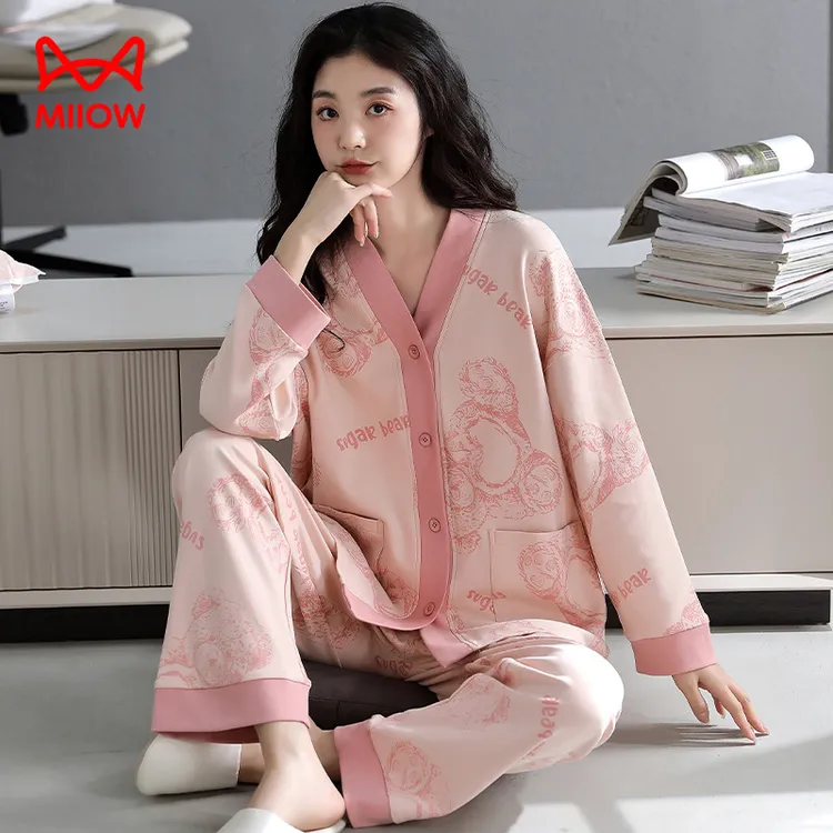 猫人经典2025年新款春秋睡衣女士小熊奢华纯棉长袖家居服开衫V领