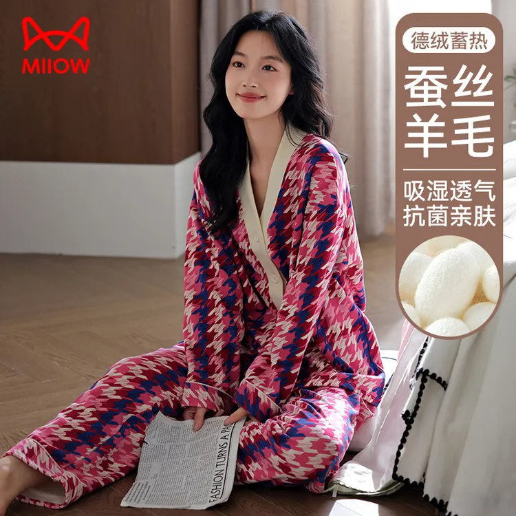 猫人秋冬睡衣女德绒冬季开衫长袖长裤休闲大码可外穿家居服套装