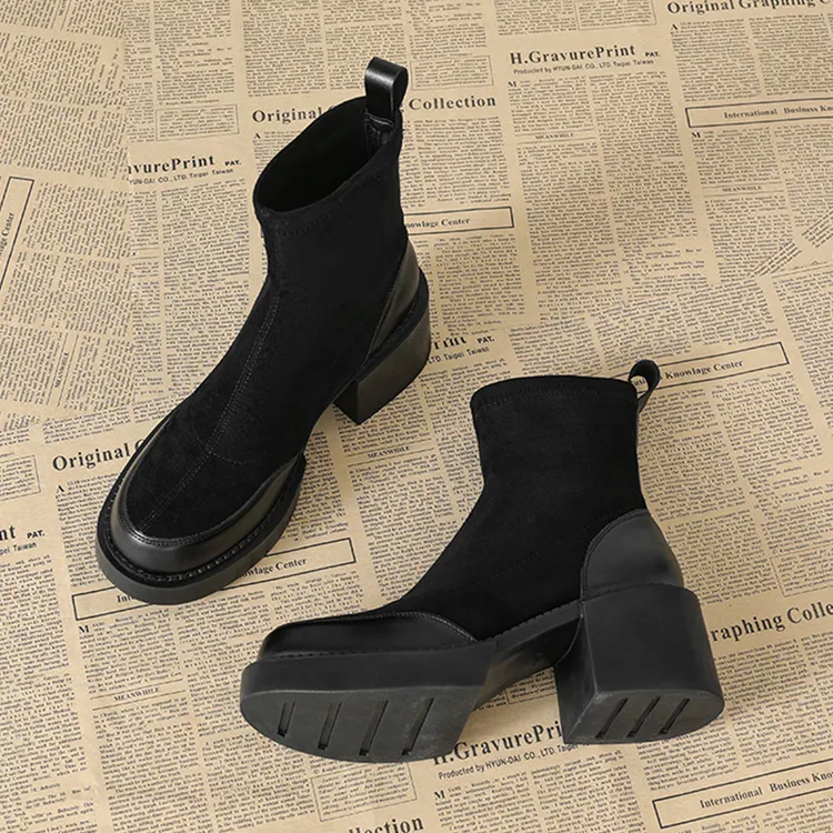 秋冬断码2025新款秋季百搭短靴女瘦瘦靴潮绒面厚底马丁靴子女粗跟