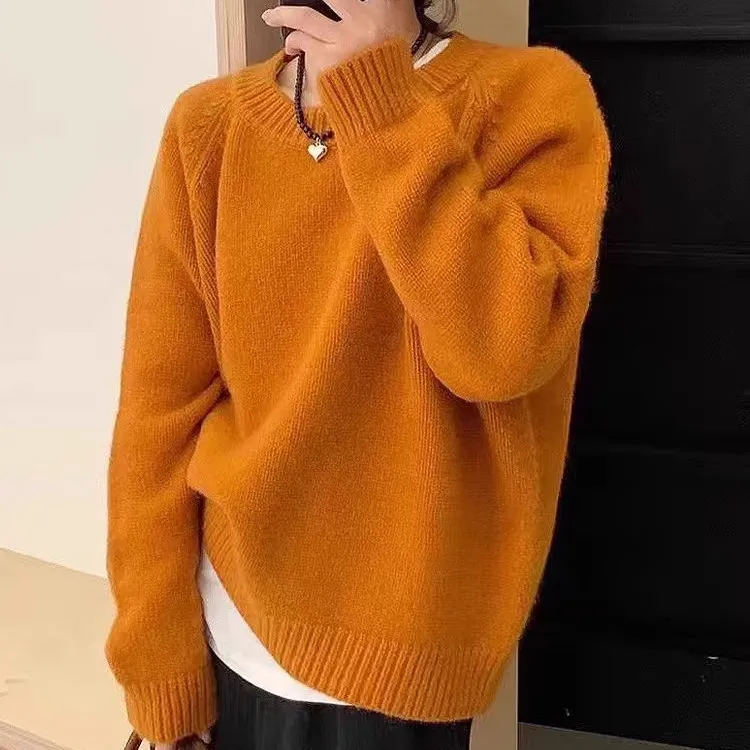 韩系简约圆领纯色针织上衣加厚秋冬梅子色套头毛衣新款保暖内搭女