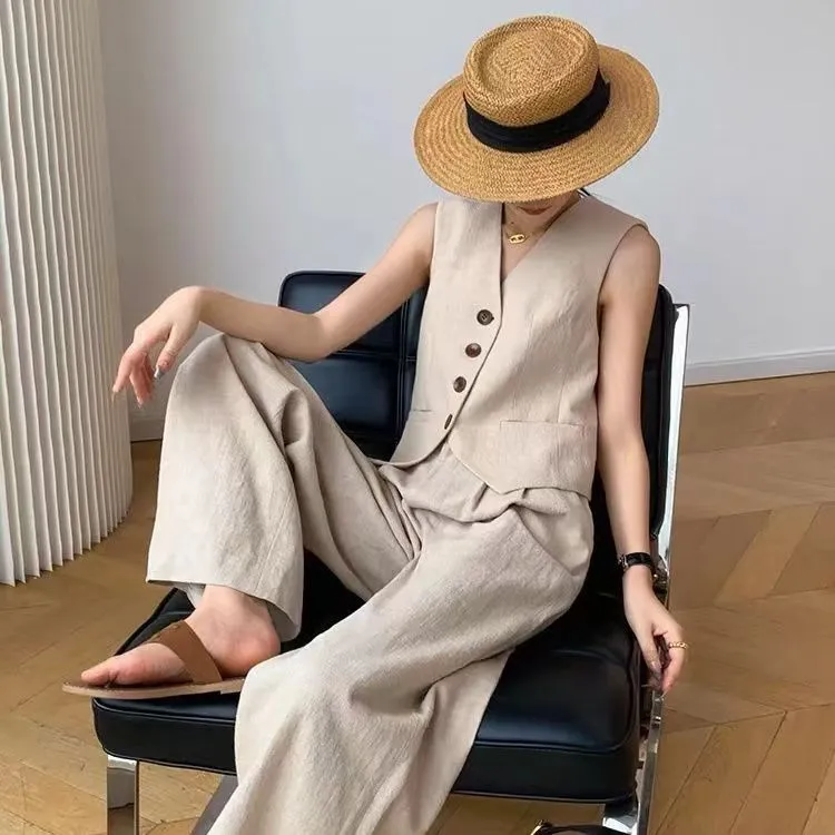 2024新款时尚高级亚麻夏季无袖西装马甲阔腿裤套装通勤棉麻背心