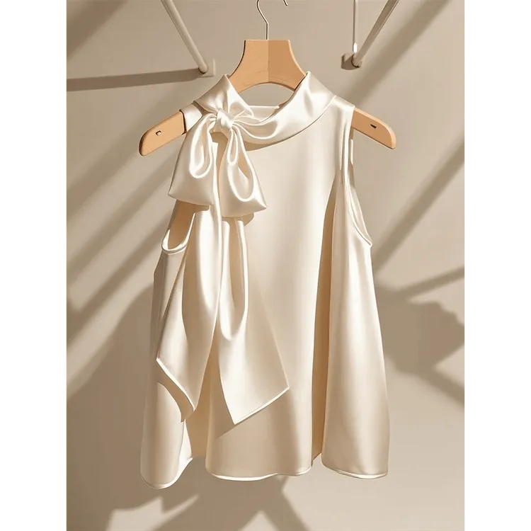 新款洋气高端别致香槟白挂脖上衣女轻熟法式小众蝴蝶结无袖衬衫