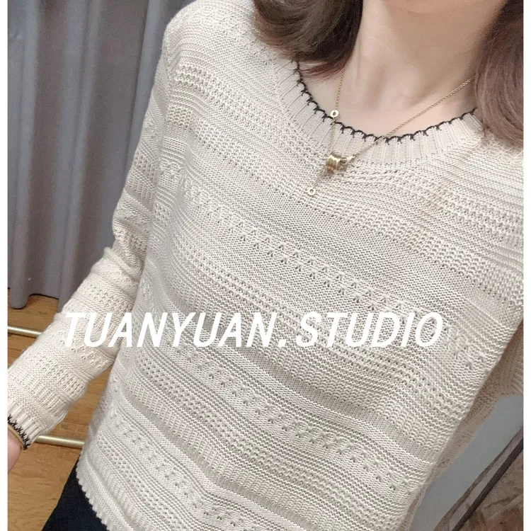 【长袖】高档秋新款钩花小香风针织女显瘦设计感上衣