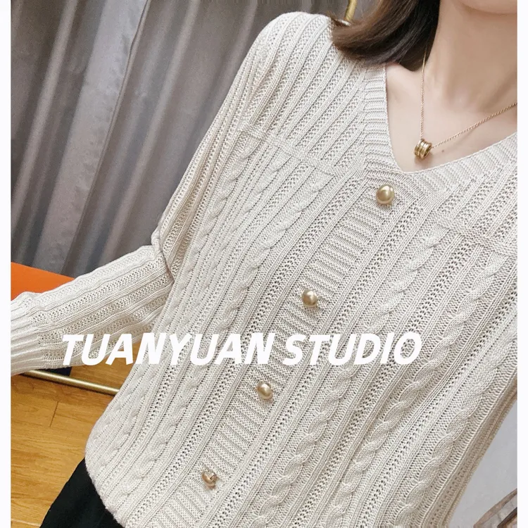 韩系V领复古麻花扣子春秋季针织衫女夏长袖设计感宽松上衣早秋