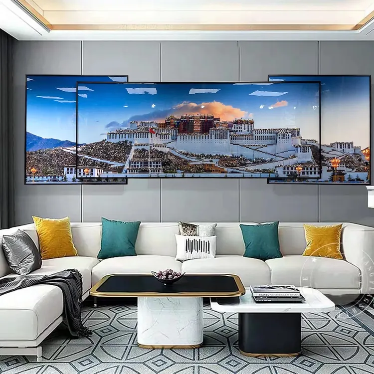 【西藏包邮】布达拉宫三叠画客厅背景墙挂画晶瓷烤瓷客厅背景装饰画