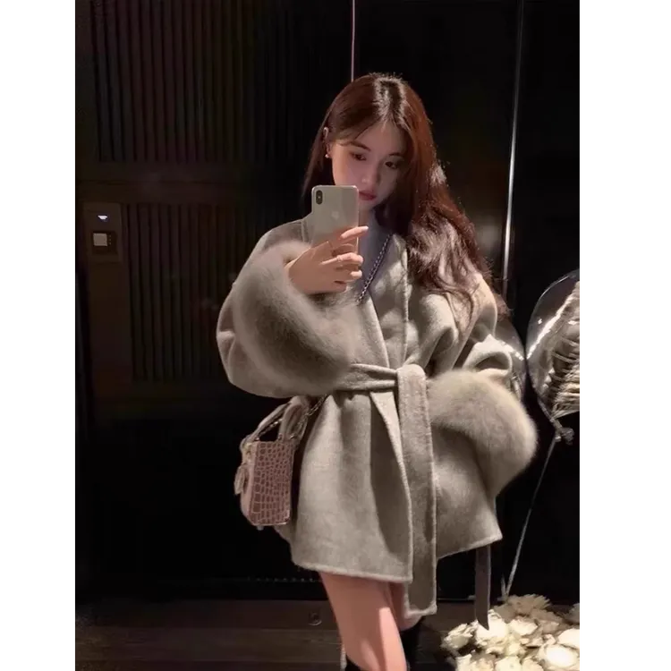 短款黑灰色双面毛呢大衣女秋冬季2025新款小个子呢子毛呢外套