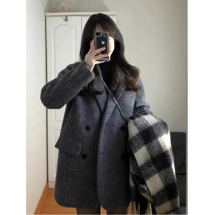 黑灰色短款西装毛呢加厚外套女秋冬季高级感2025新款呢子大衣