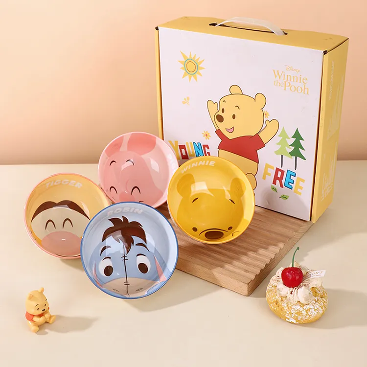 D迪士尼 条纹米饭碗 礼盒装 维尼跳跳虎釉下彩米饭碗4只陶瓷碗